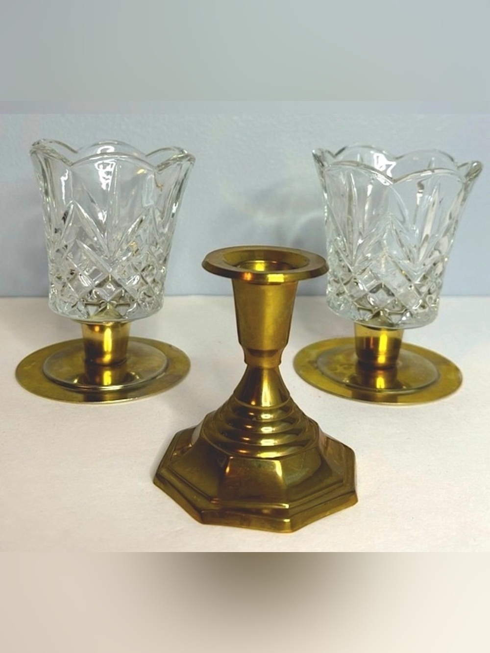 CANDLE HOLDERS (ETCHED GLASS/BASE)